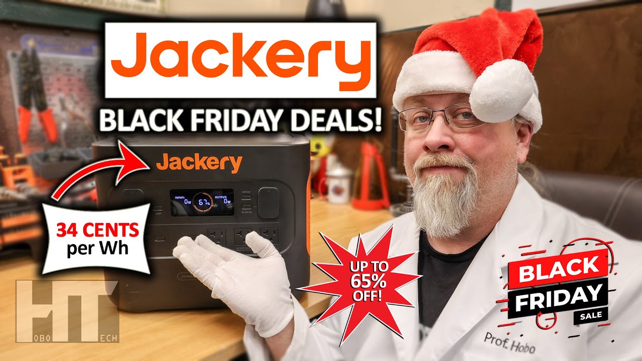 YouTube post by @HOBOTECH for Jackery. Caption reads: JACKERY Black Friday 2025 sale on solar [...].