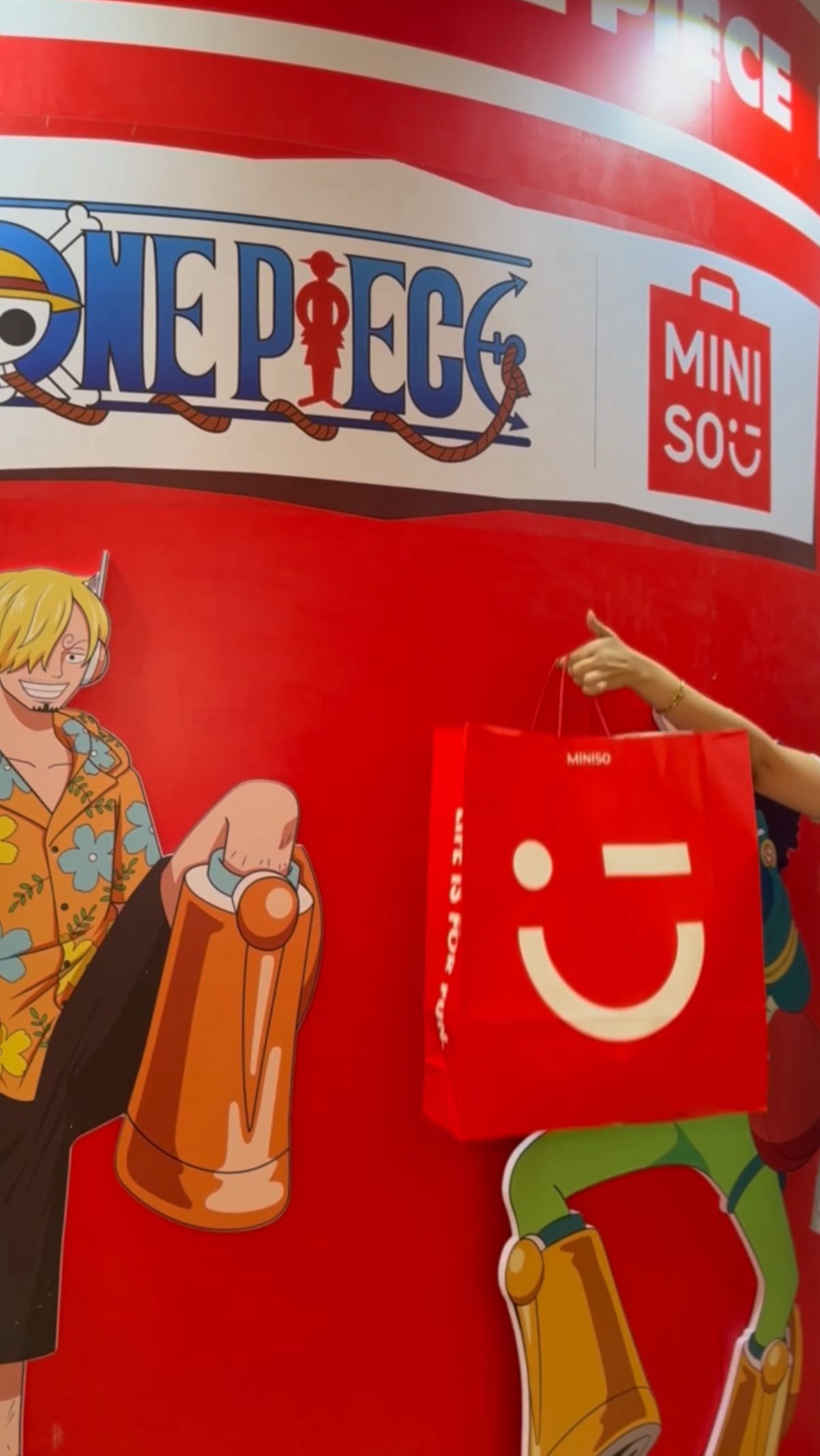 Instagram post by @mathi.nicole for MINISO. Caption reads: 🏴‍☠️ ONE PIECE x MINISO Pop-Up is LIVE! ⚓️

Sail....
