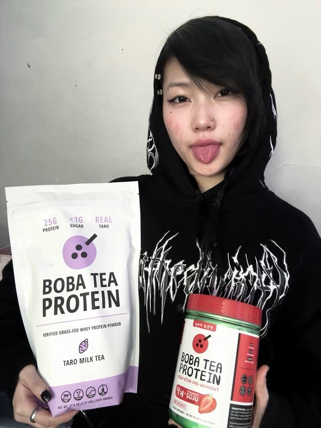 Instagram post by @pikovg for Boba Tea Protein. Caption reads: [...] you guys that im partnered with....