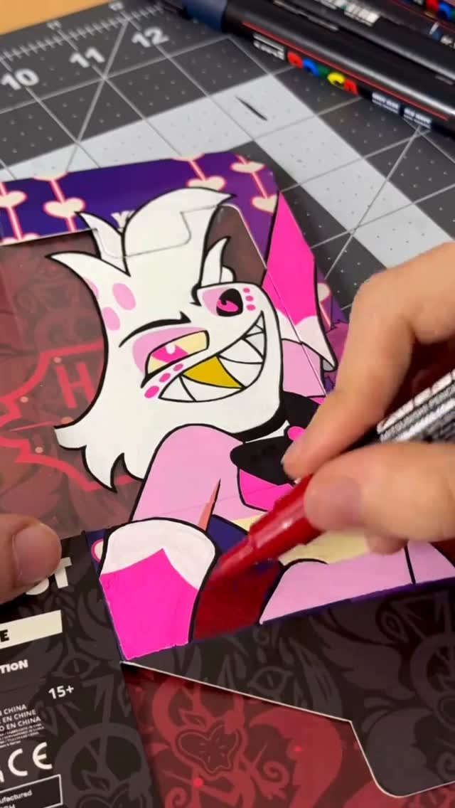 Instagram post by @spindlehorsetoons for Youtooz. Caption reads: hey daddy 🥰 #youtooz #hazbinhotel #angeldust #art....