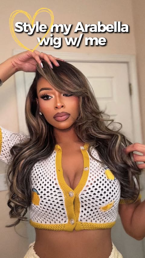 Instagram post by @blessingiraldo for Arabella Hair. Caption reads: Style My Glueless wig w/ Me 🌻🏹🤍....