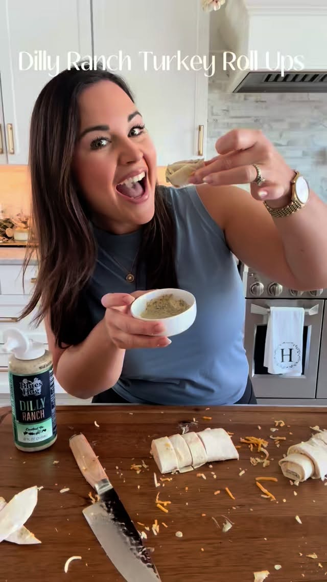 Instagram post by @theonepotmomma_ for Blues Hog. Caption reads: DILLY RANCH TURKEY ROLL UPS!! The perfect quick....