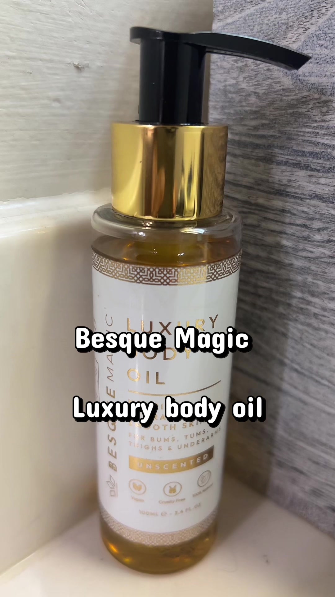 TikTok post by @di202373 for Besque. Caption reads: @Besque Magic Lucury Body oil #besque #bodyoil....