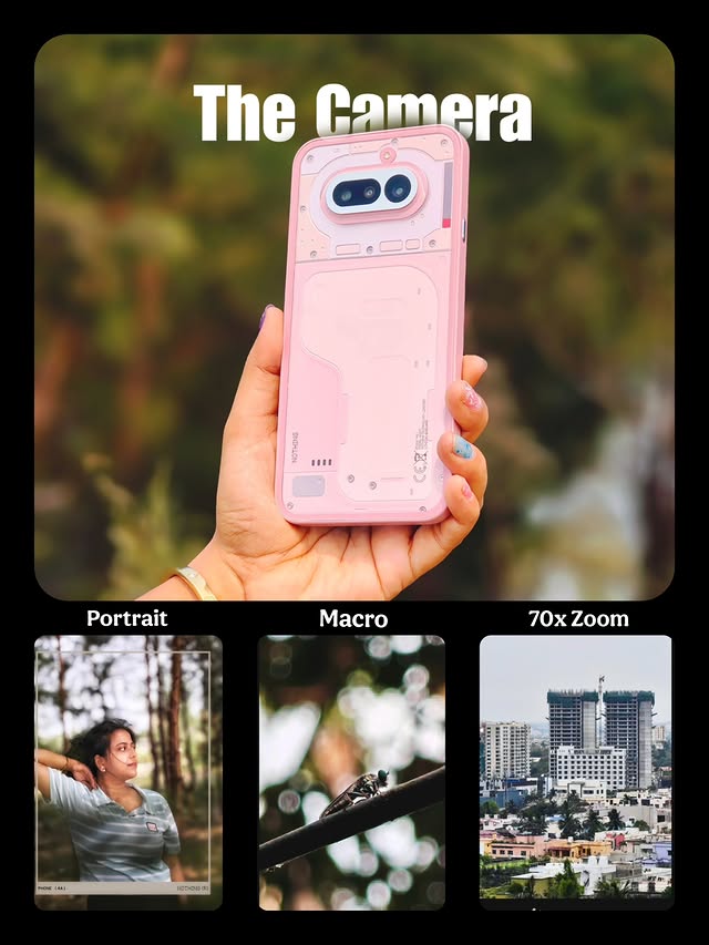 Instagram post by @clicksbyarijit for nothing. Caption reads: Pink. Powerful. Precise ​The Nothing Phone (4a)....