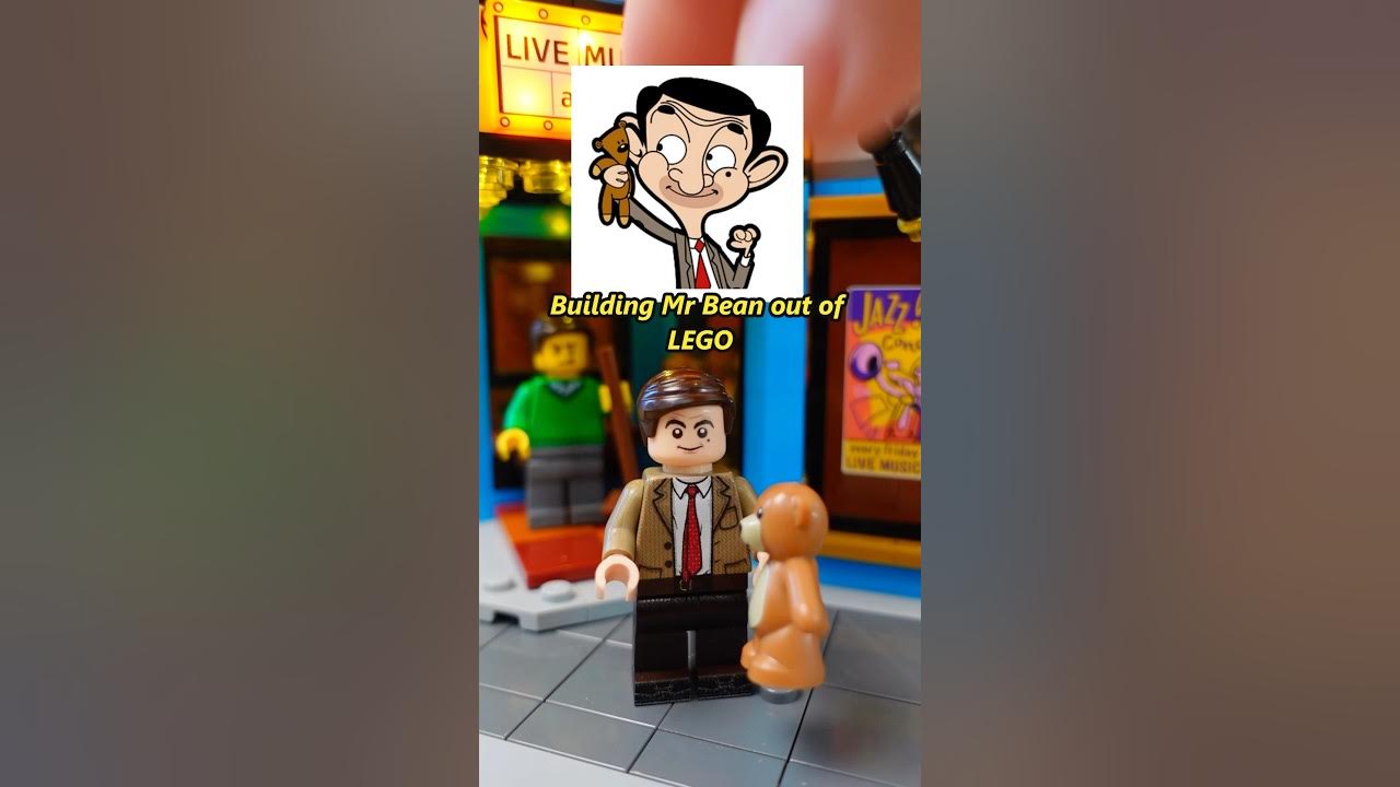 YouTube post by @BricksandTwins for Minifigs.me. Caption reads: Making Mr Bean out of LEGO.