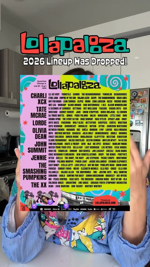 Instagram post by @kayleejochicago for Lollapalooza. Caption reads: The @lollapalooza lineup just dropped!! Share in....