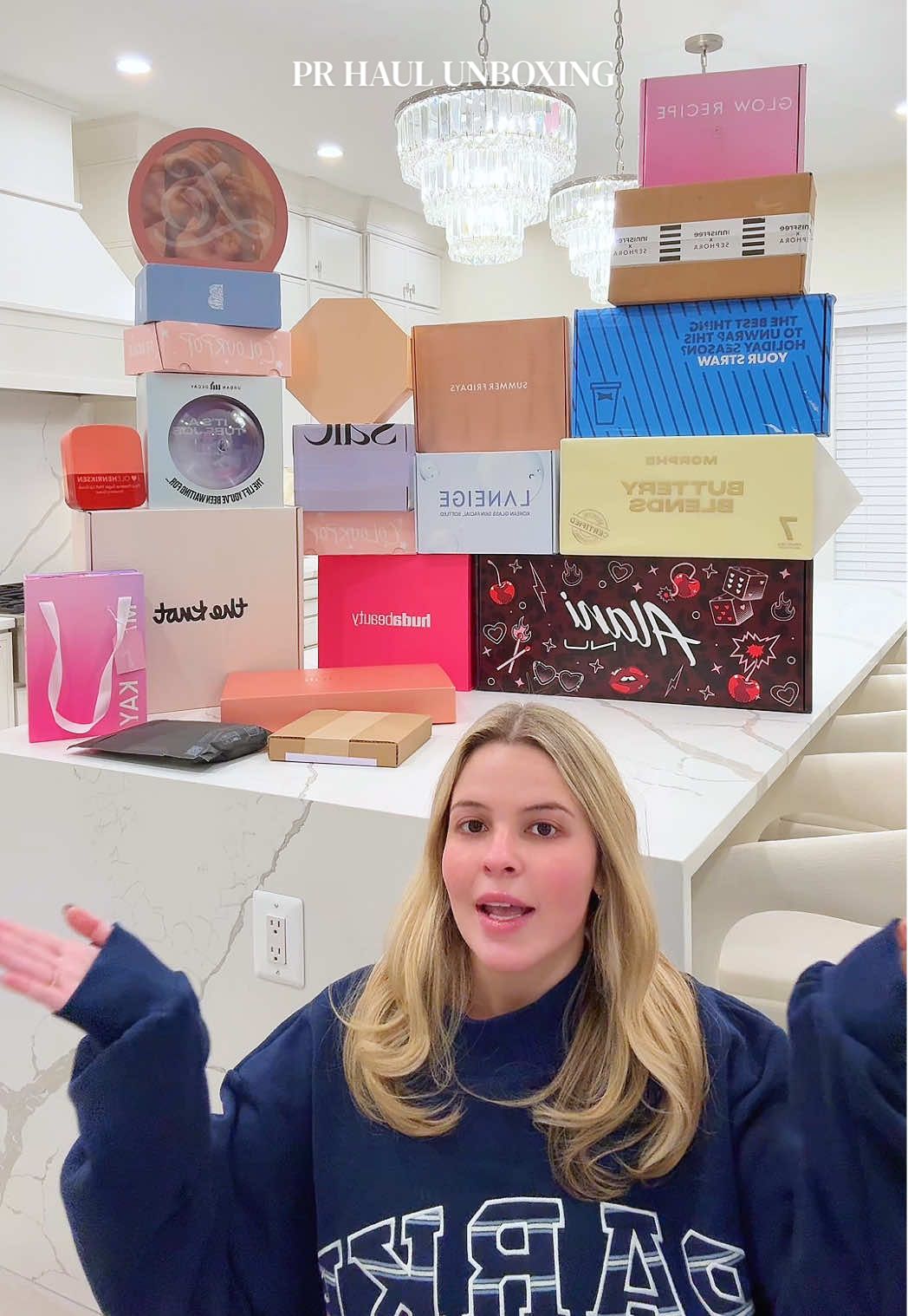 TikTok post by @darcymcqueenyyy for Kosas. Caption reads: oh. my. gosh.😶📦 WHAT DID I JUST POST?!?! #prhaul....