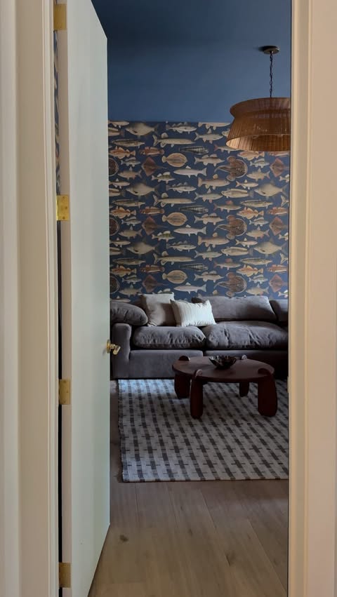 Instagram post by @karlahomestyle for Sandberg Wallpaper. Caption reads: [...] Scandinavian Fish, Dark Blue by....