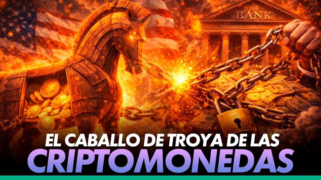 YouTube post by @KManuS88 for Coinbase. Caption reads: US banks created the "Trojan Horse" for....