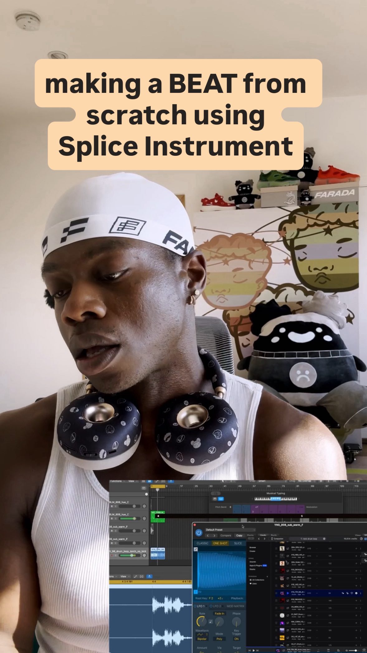 Instagram post by @tobilou for Splice. Caption reads: i’m much slower at making beats than recording....