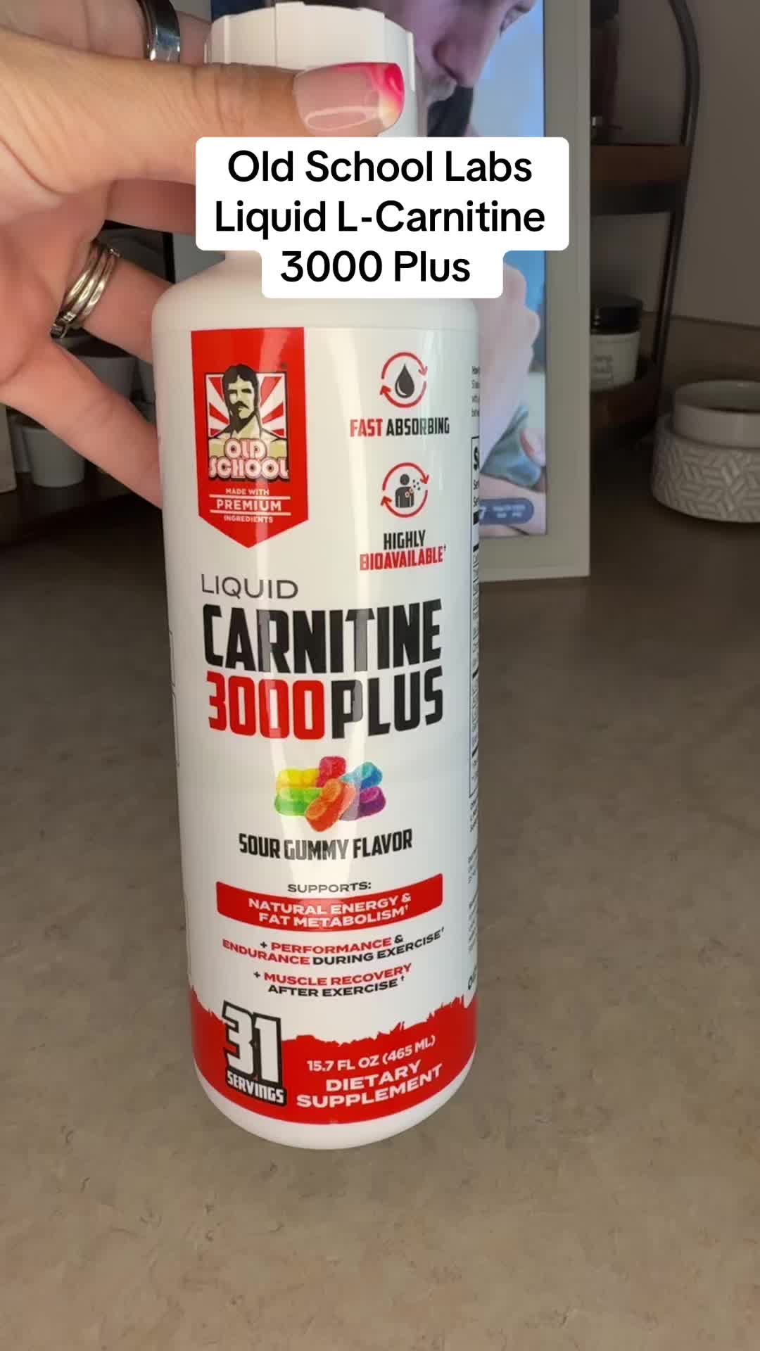 TikTok post by @backwo0dsbarbie for Old School Labs. Caption reads: Old School Labs Liquid L-Carnitine 3000 Plus |....