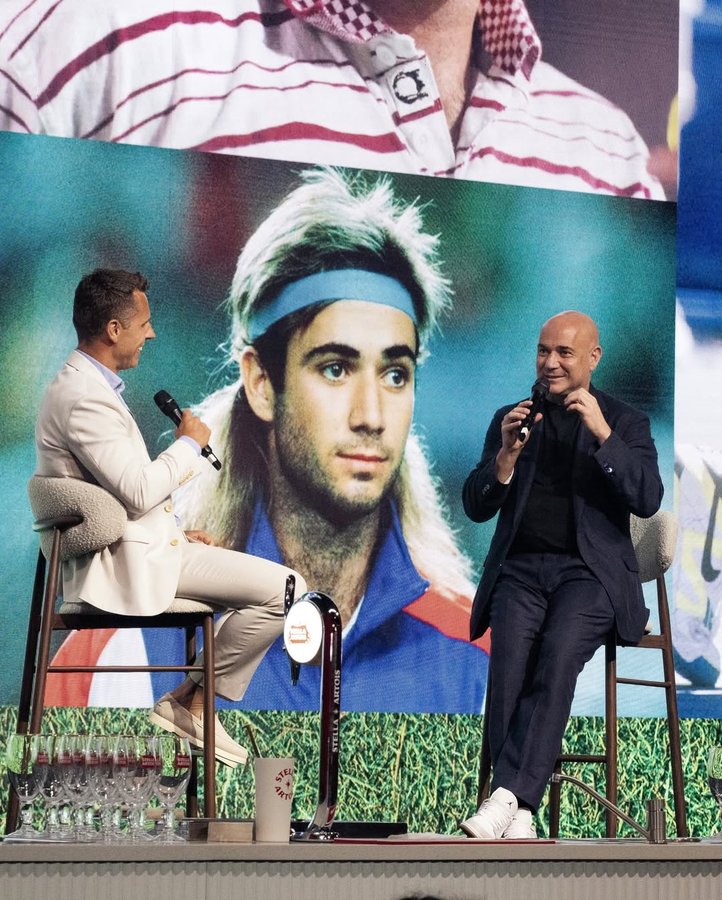 Instagram post by @agassi for Stella Artois. Caption reads: Fun night at @stellaartois #LetsDoDinner event in....