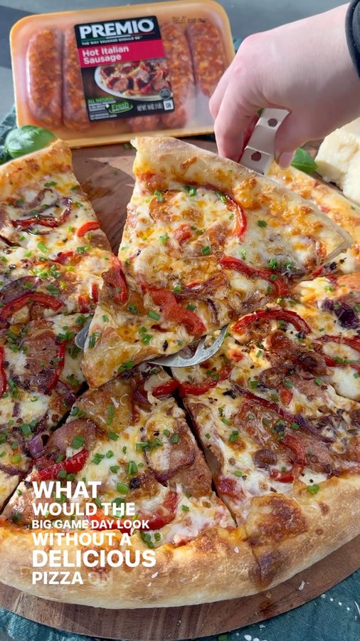 Instagram post by @vessys_gourmet_kitchen for Premio Foods. Caption reads: Hot Italian Sausage, Caramelized Peppers and....