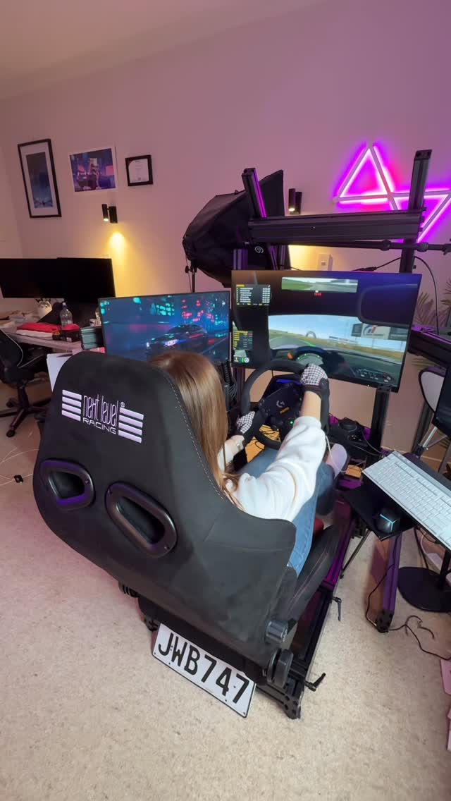 Instagram post by @meowsparky for Next Level Racing. Caption reads: Thanks @next_level_racing !!! The PRS2 so comfy, I....