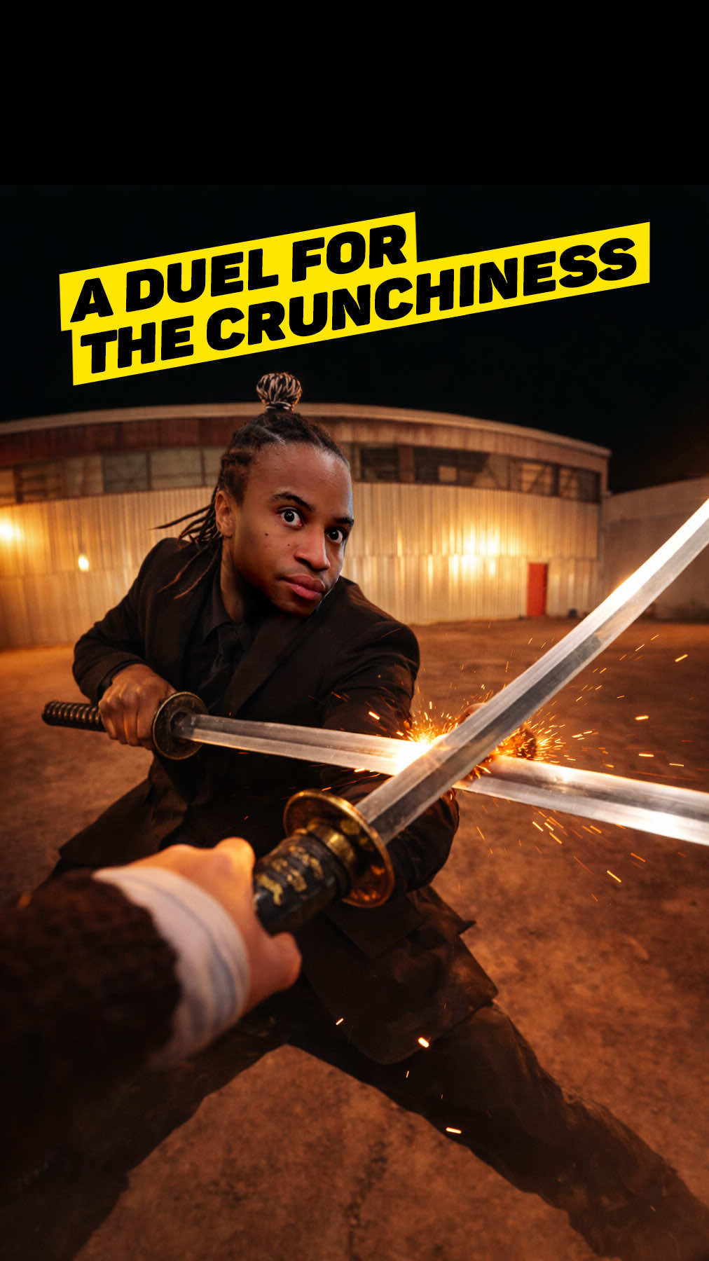 TikTok post by @dance10fikshunofficial for FITCRUNCH. Caption reads: A duel for the crunchiness. ⚔️🍫 @FITCRUNCH....