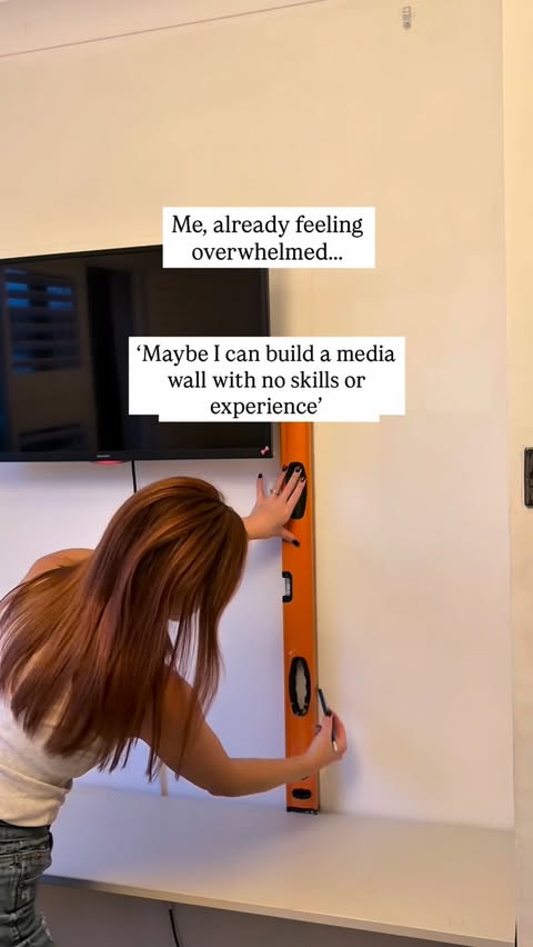 Instagram post by @at_home_with_betty for RYOBI Tools. Caption reads: Ad| Thought I could build a bedroom media wall....