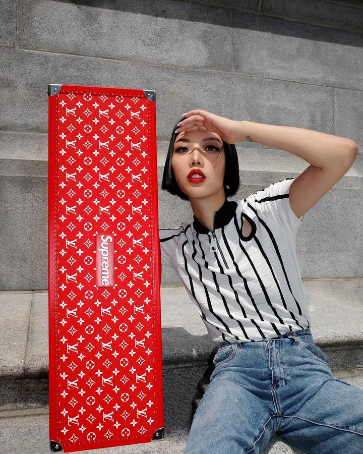 Instagram post by @callmemichs for Mine & Yours. Caption reads: Found this super rare Supreme x Louis Vuitton....