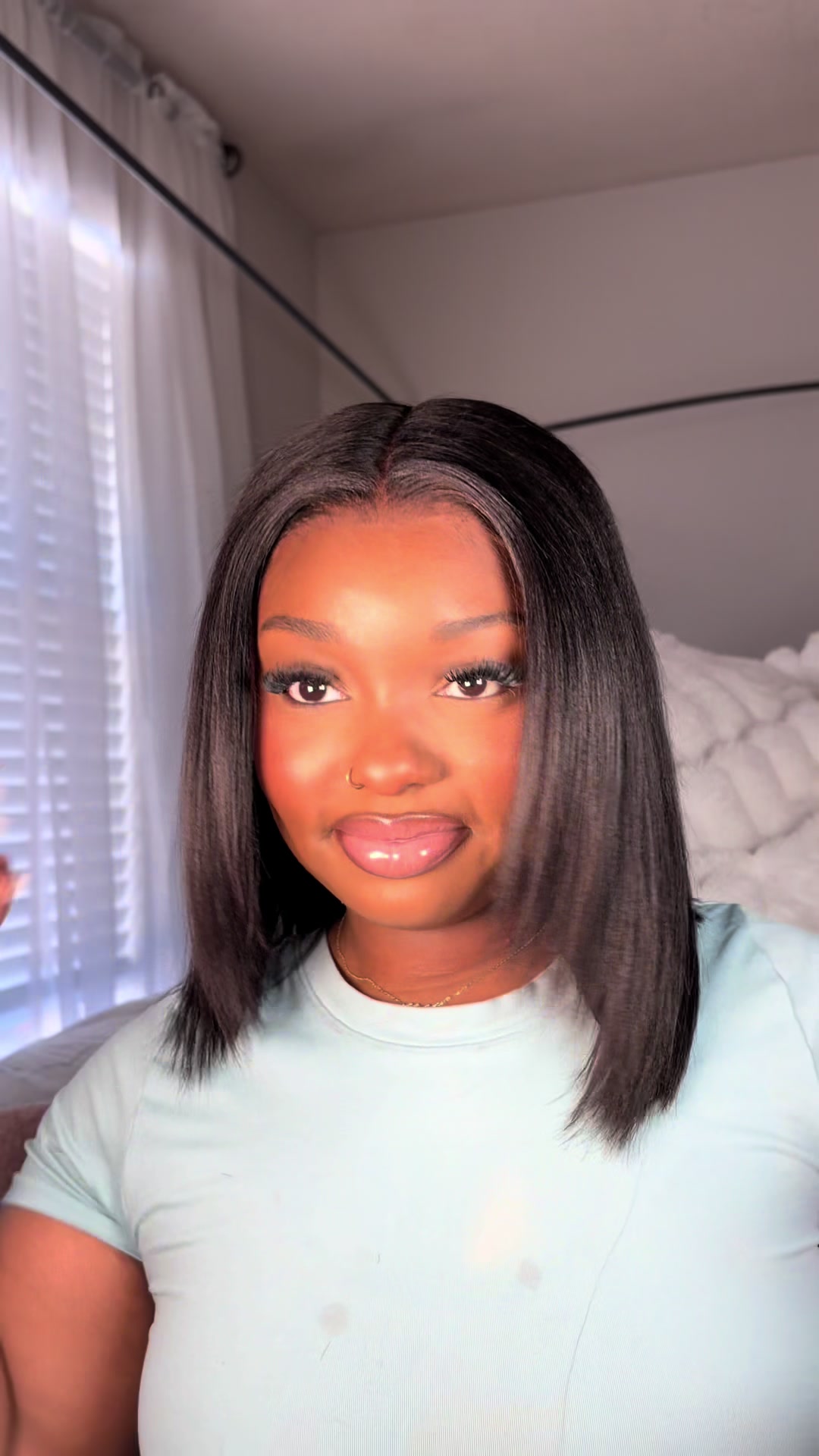 TikTok post by @thatgirll.bee for Reshine Hair. Caption reads: [...] Pre-Cut 9x6 T Part Lace Bob Wig from....