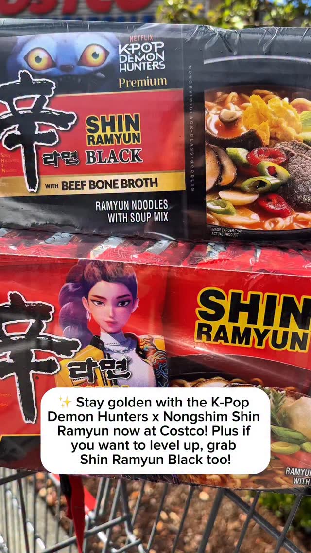 Instagram post by @costcodeals for Nongshim USA. Caption reads: Stay golden with the K-Pop Demon Hunters x....
