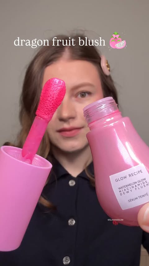 Instagram post by @slavianaglow for Glow Recipe. Caption reads: juicy pink cheeks moment 🍉💗

@glowrecipe Dewy....