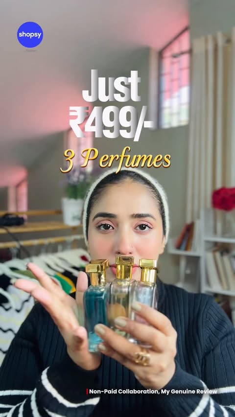 Instagram post by @nabz_firozekhan for Shopsy. Caption reads: [...] For Product✨ 3 Perfumes Just ₹489/-....