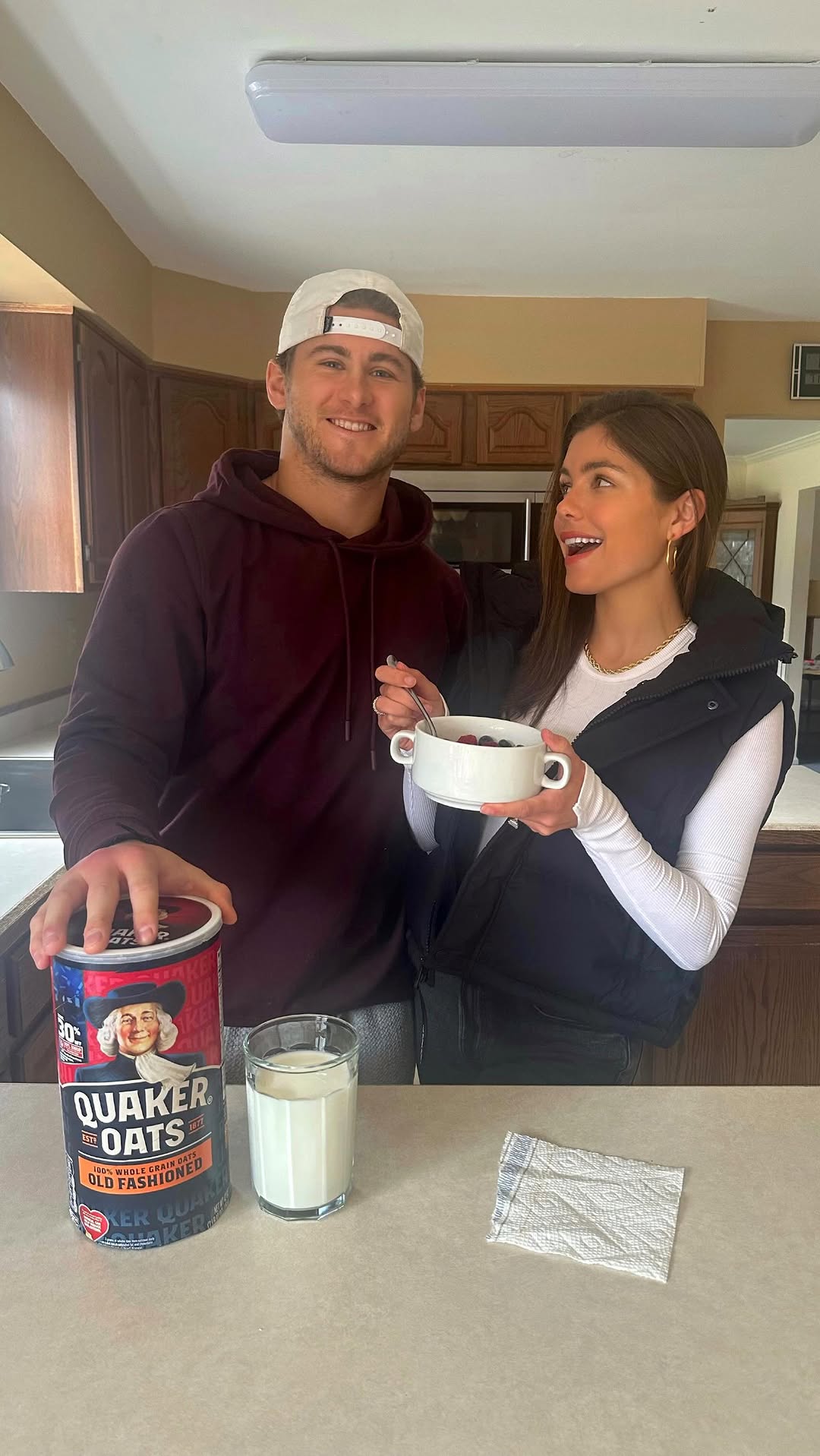 Instagram post by @jakefunk34 for Quaker Oats. Caption reads: #ad morning routine with us 🏈✨ we love starting....