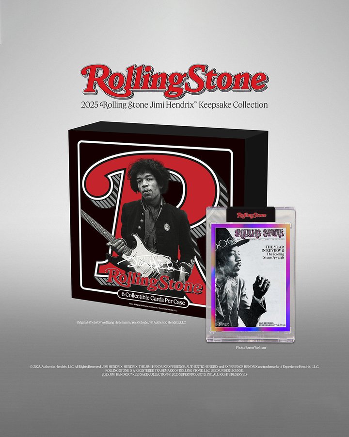 Instagram post by @jimihendrix for Rolling Stone. Caption reads: Rolling Stone Partners with Super Products to....