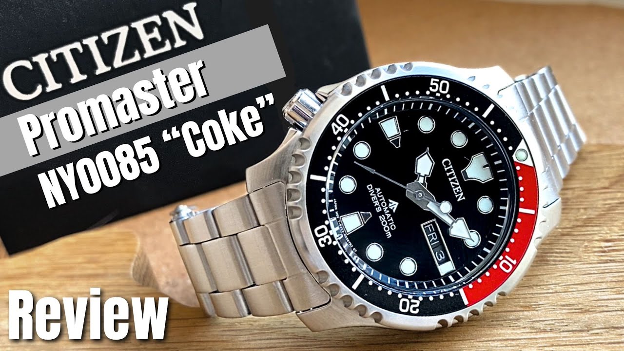 YouTube post by @NordicWatchChannel for StrapsCo. Caption reads: Citizen Promaster NY0085 "Coke" Review.