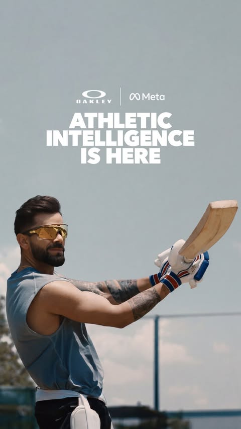 Instagram post by @virat.kohli for Oakley. Caption reads: [...] more. Sharing my new cricket shot with....