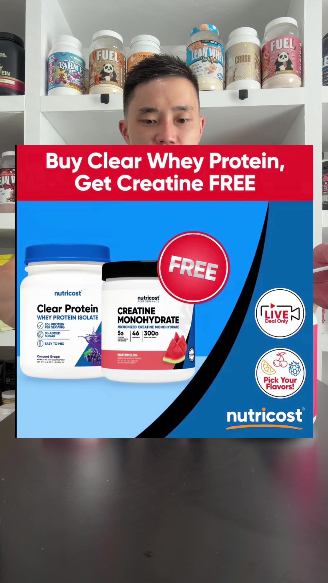 TikTok post by @j_jungy for Nutricost. Caption reads: Nutricost Clear Whey Protein & Creatine Bundle....