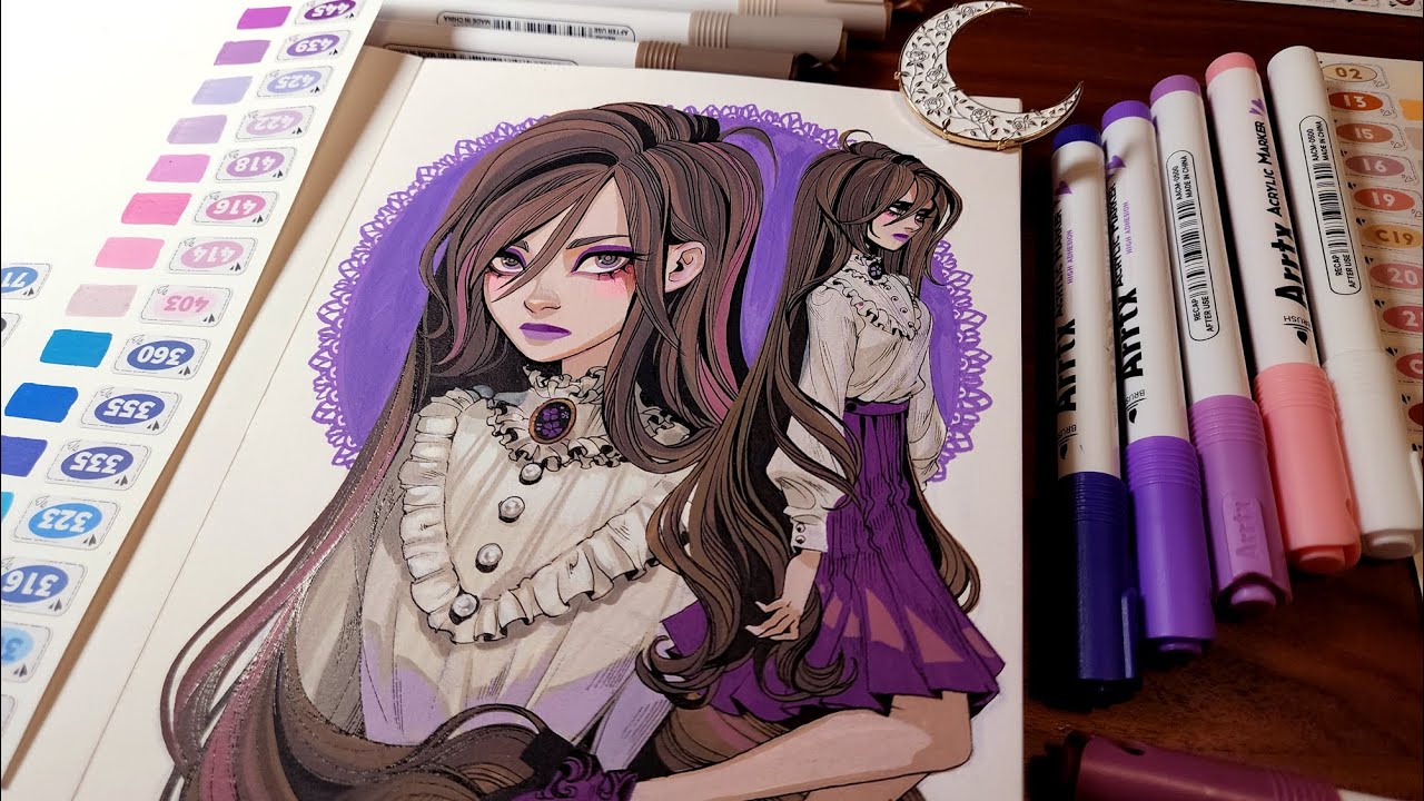 YouTube post by @CosmicSpectrumArt for Arrtx. Caption reads: ARRTX Acrylic Markers sketchbook session ★ [...].