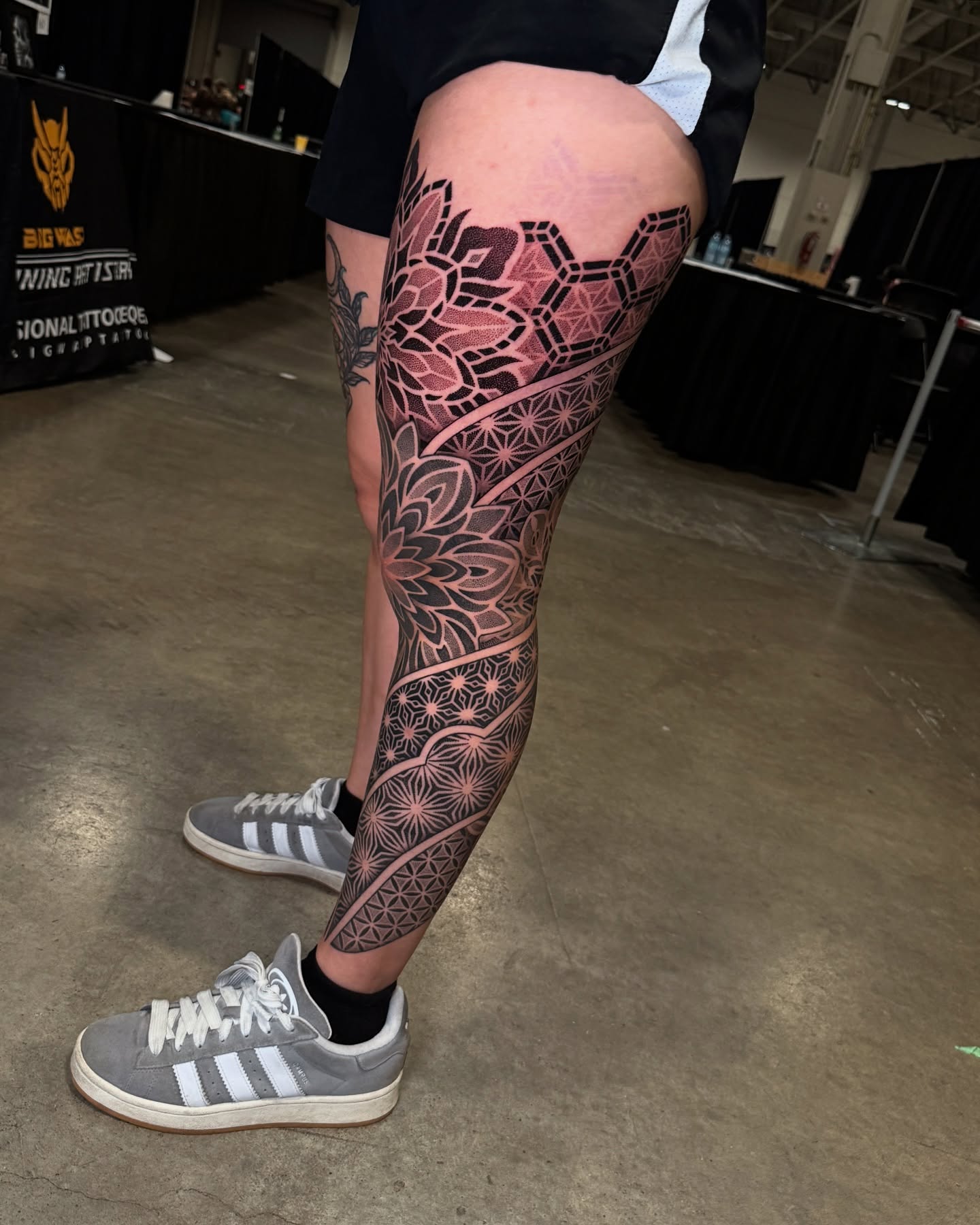 Instagram post by @jblessink for Fkirons. Caption reads: Geometric leg sleeve done at....
