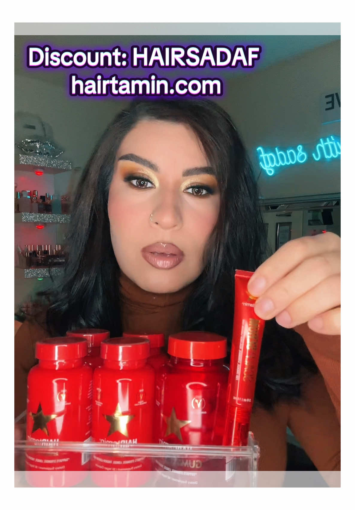 TikTok post by @get_glam_with_sadaf for Hairtamin. Caption reads: Discount: HAIRSADAF  hairtamin.com @HAIRtamin ....