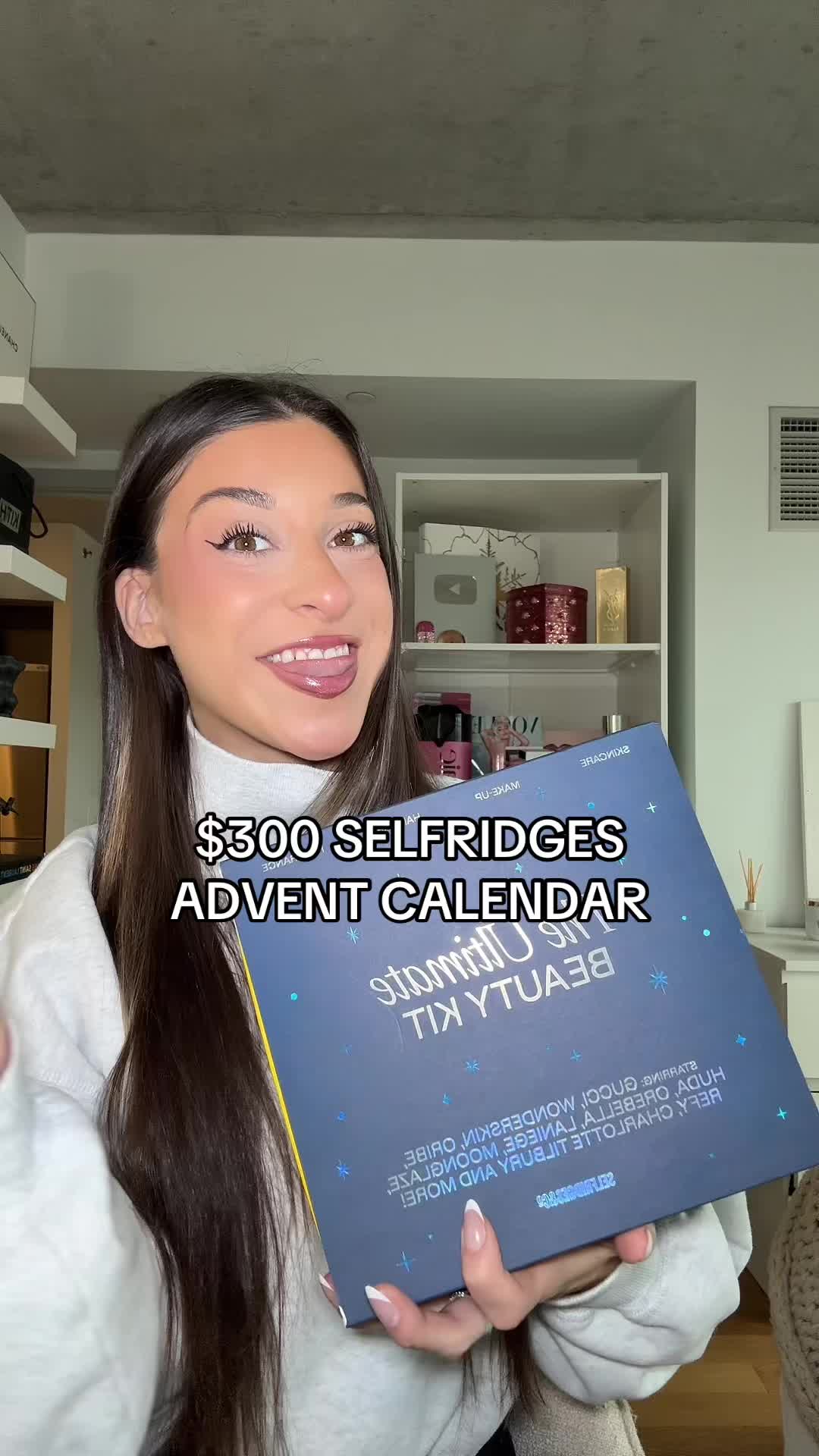 TikTok post by @allierosss for Selfridges. Caption reads: $300 @Selfridges ADVENT CALEDNAR?!?! @Selfridges....