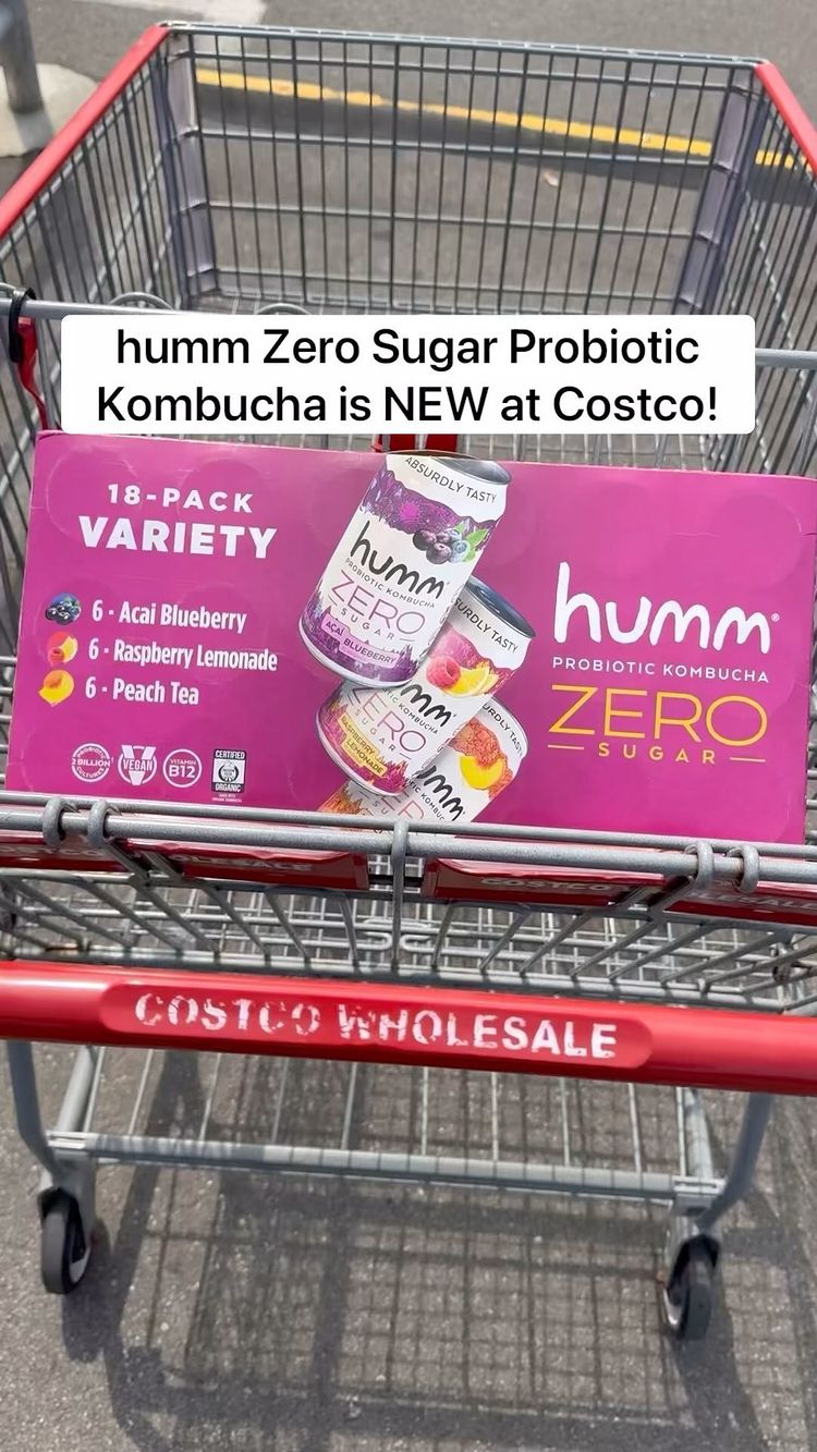 Instagram post by @costcobuys for Humm Kombucha. Caption reads: 🤩 @HummKombucha Zero Sugar Probiotic Kombucha is....