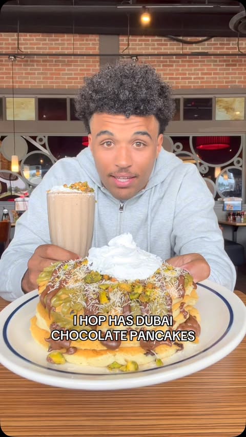 Instagram post by @reecerunning for IHOP. Caption reads: Trying IHOP Dubai Chocolate Pancakes &....