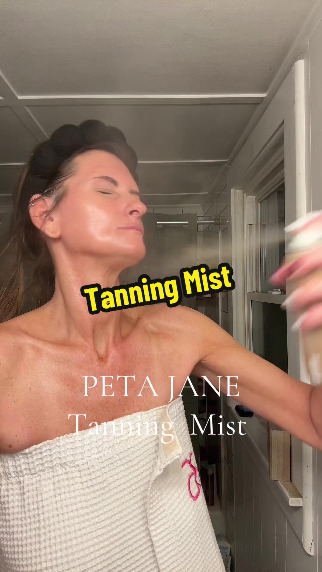 TikTok post by @cbrickard for Peta Jane Beauty. Caption reads: Body + Face Tanning Mist @Peta Jane Beauty.
