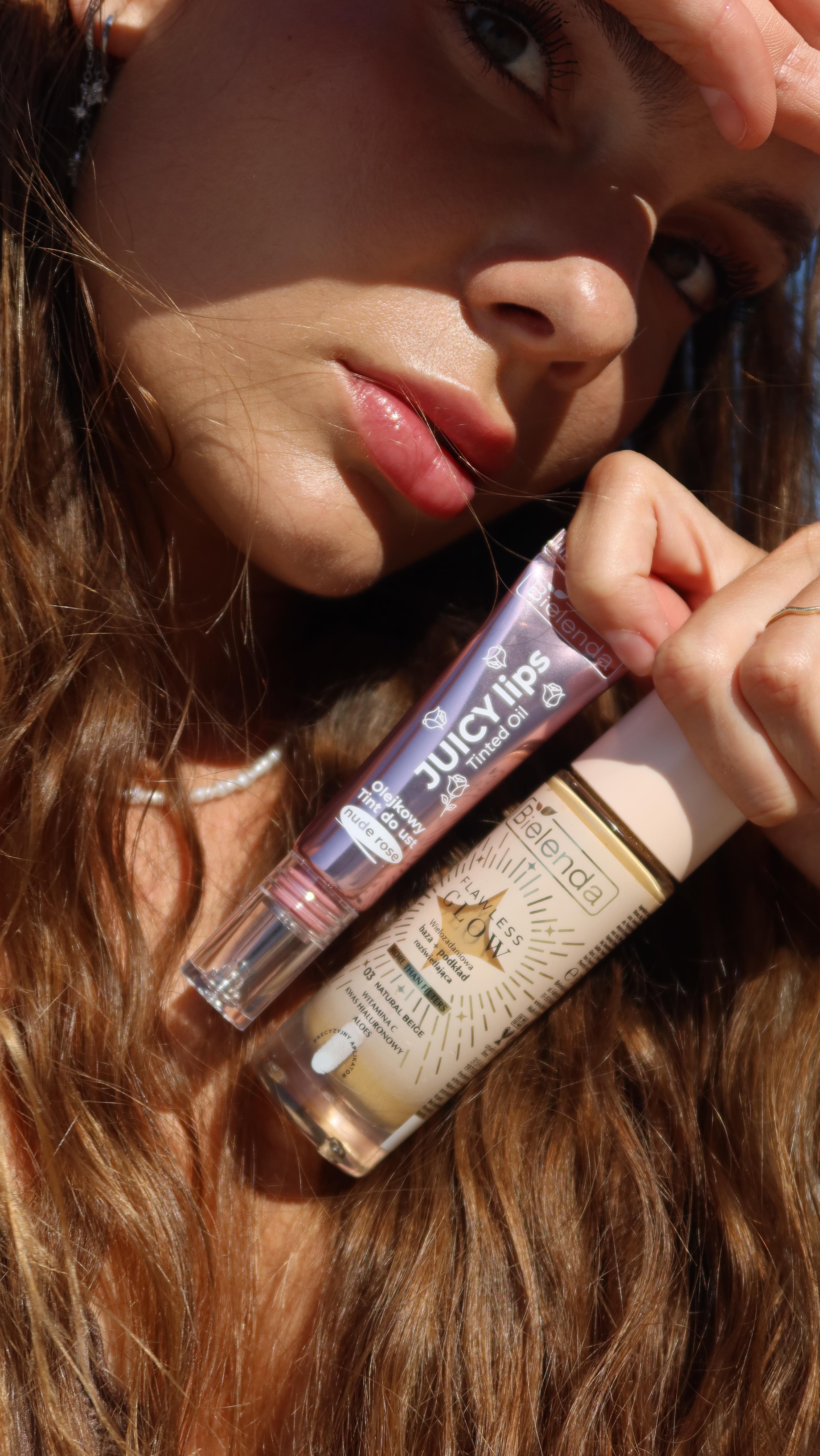 Instagram post by @justynalabuda_ for Bielenda. Caption reads: Summer glow makeup ✨

Olejkowe tinty do ust....