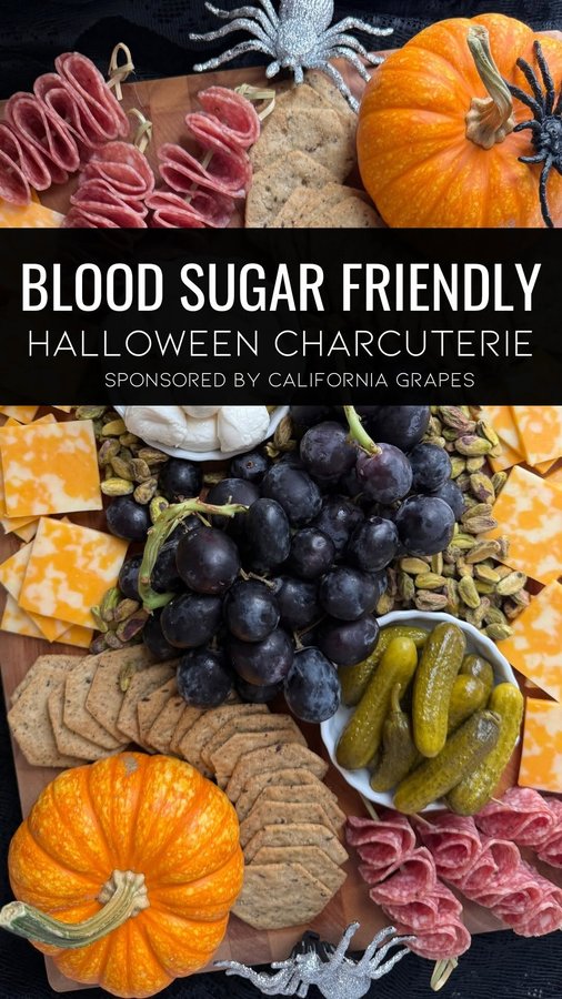 Instagram post by @milknhoneynutrition for Grapes from California. Caption reads: #ad Build a spooky Halloween snack board that....