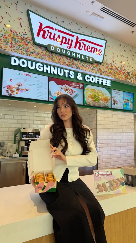Instagram post by @jessicajazela for Krispy Kreme Doughnuts. Caption reads: ad | NEW at Krispy Kreme - Bambolinis just dropped....