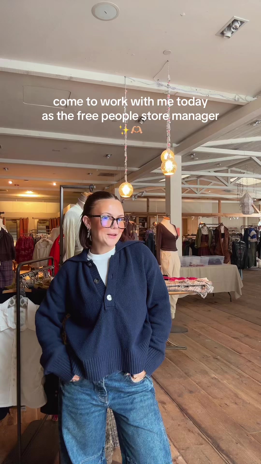 TikTok post by @taylately_ for Free People. Caption reads: come to work with me as the @Free People store....