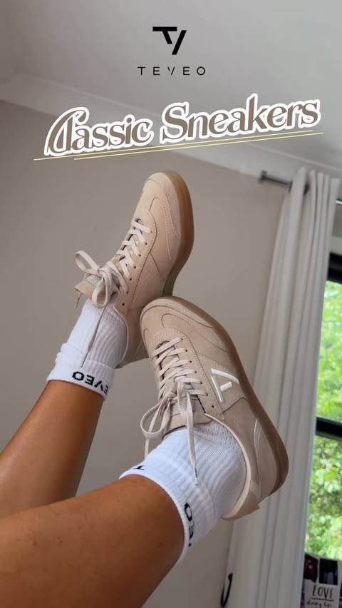 Instagram post by @megmlifts for Teveo. Caption reads: TEVEO CLASSIC SNEAKERS 👟👟👟 This drop is so....