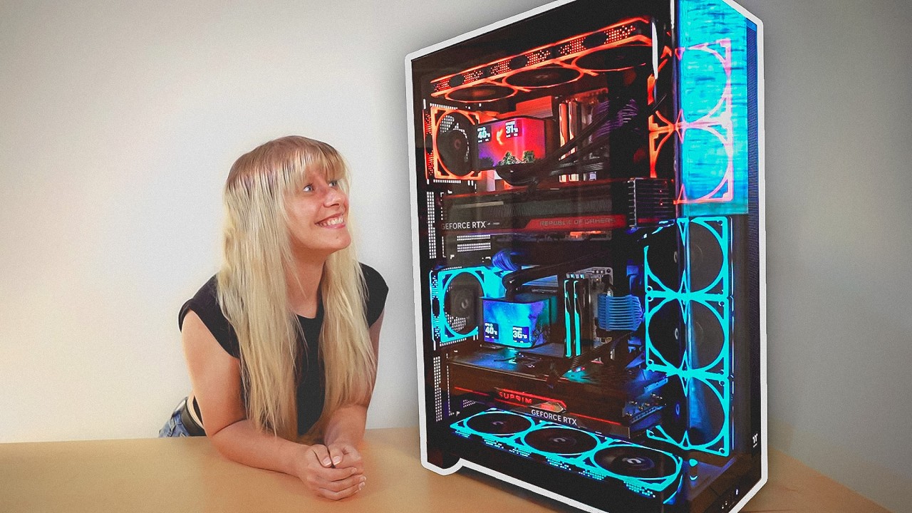 YouTube post by @NoisyButters for SCUF. Caption reads: I PUT MY DUAL PC SETUP IN ONE CASE & IT IS....
