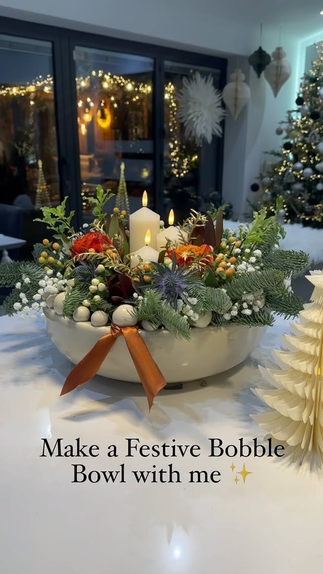 Instagram post by @ourhomeonthefold for Layered Lounge. Caption reads: Make a Festive Bowl arrangement with me 🙌 I cut....
