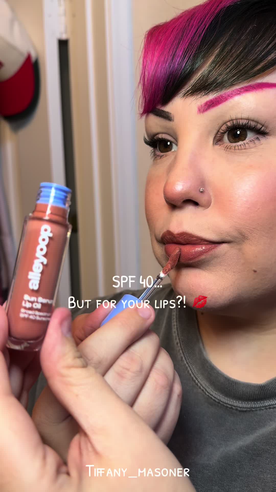 TikTok post by @tiffany_masoner for Alleyoop. Caption reads: @Alleyoop Beauty Sun Serum Lip Oil SPF 40 for....