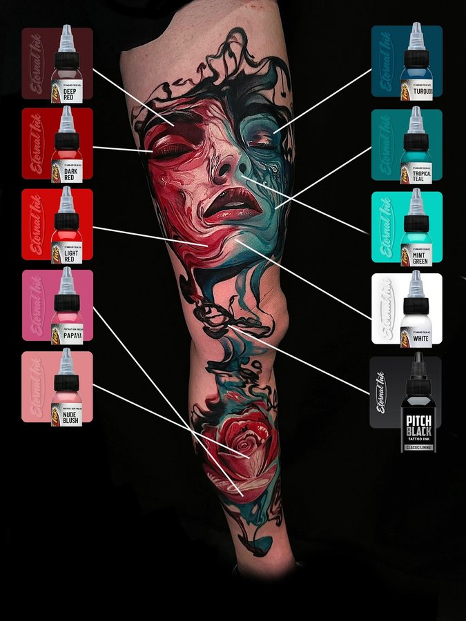 Instagram post by @whoswillgee for Eternal Ink. Caption reads: Check out this incredible liquid surrealist leg....