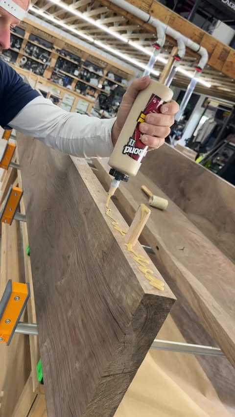 Instagram post by @dustylumberco for BORA Tool. Caption reads: Time to glue up these big Bastogne walnut planks....