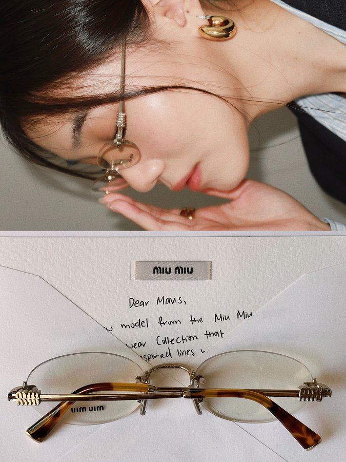Instagram post by @mavissiow for EssilorLuxottica. Caption reads: Love letter from @miumiu 🩰🦢💌
#MiuMiuEyewear.