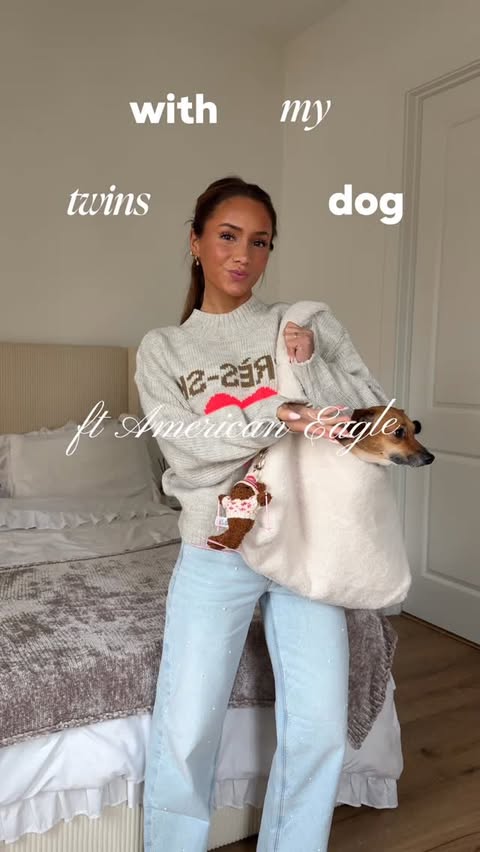 Instagram post by @estellelebourgeois_ for American Eagle. Caption reads: coziest duo out there ❤️🐾 @americaneagle ....