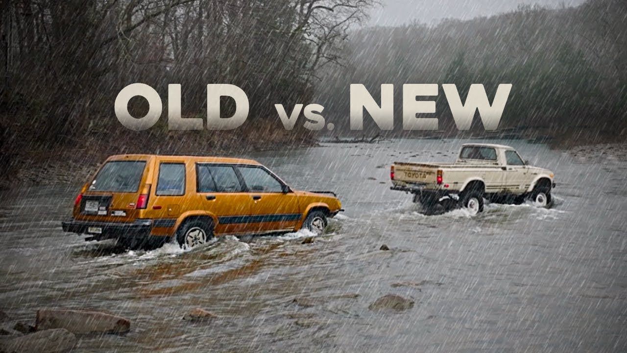 YouTube post by @BakerOverland for – ICECOFREEZER. Caption reads: 80's Toyota Tercel & Pickup vs. Rivian R1T.